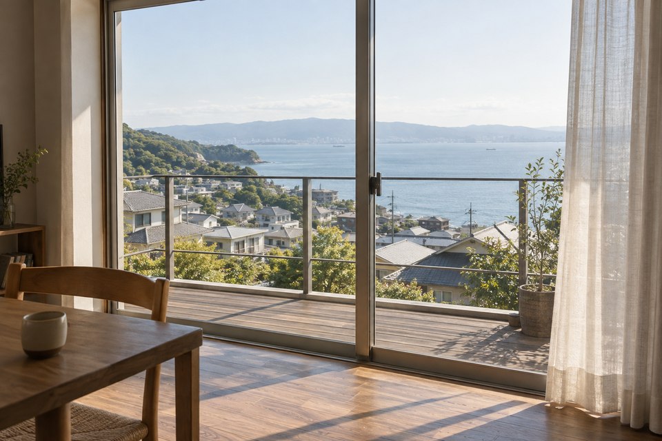 室内の窓とバルコニー越しに広がる海