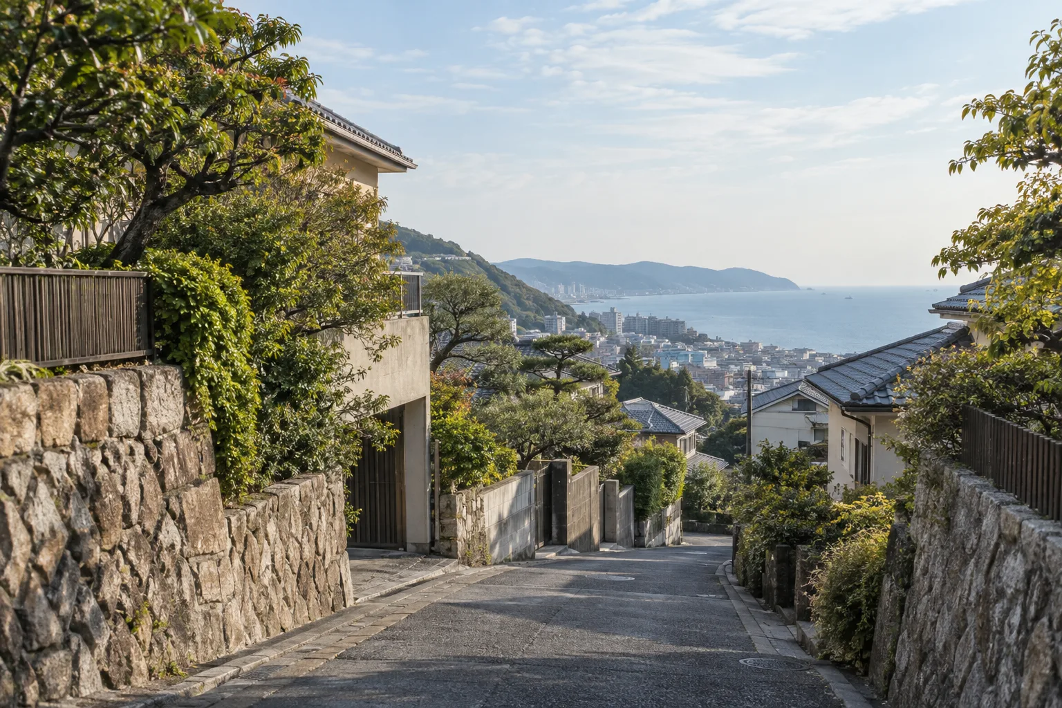 植栽と石垣のある坂道