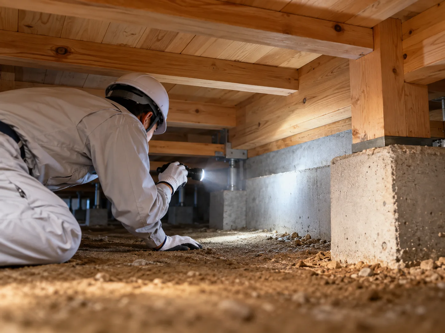 ライトで床下を点検する作業員